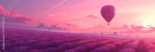 Minimalist banner depicting a hot air balloon flight over a lavender field, with clean lines and a gradient sky transitioning from dawn to daylight. photo