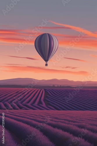 Minimalist banner depicting a hot air balloon flight over a lavender field, with clean lines and a gradient sky transitioning from dawn to daylight.