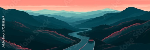 Panoramic banner of a scenic road trip through the mountains, with detailed car silhouettes and a surreal, elongated winding road. photo