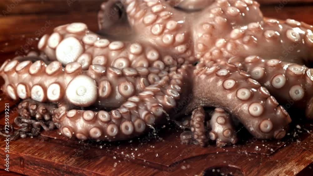 A fresh octopus falls on a cutting board. Filmed on a high-speed camera at 1000 fps. High quality FullHD footage A fresh octopus falls on a cutting board. Filmed on a high-speed camera at 1000 fps. High quality FullHD footage