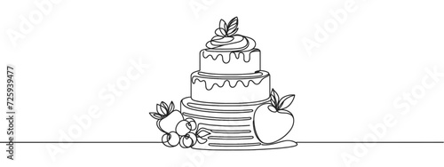 Continuous one line drawing of wedding or birthday cake. Party, anniversary and celebration concept. Minimalism Hand drawn vector illustration.
