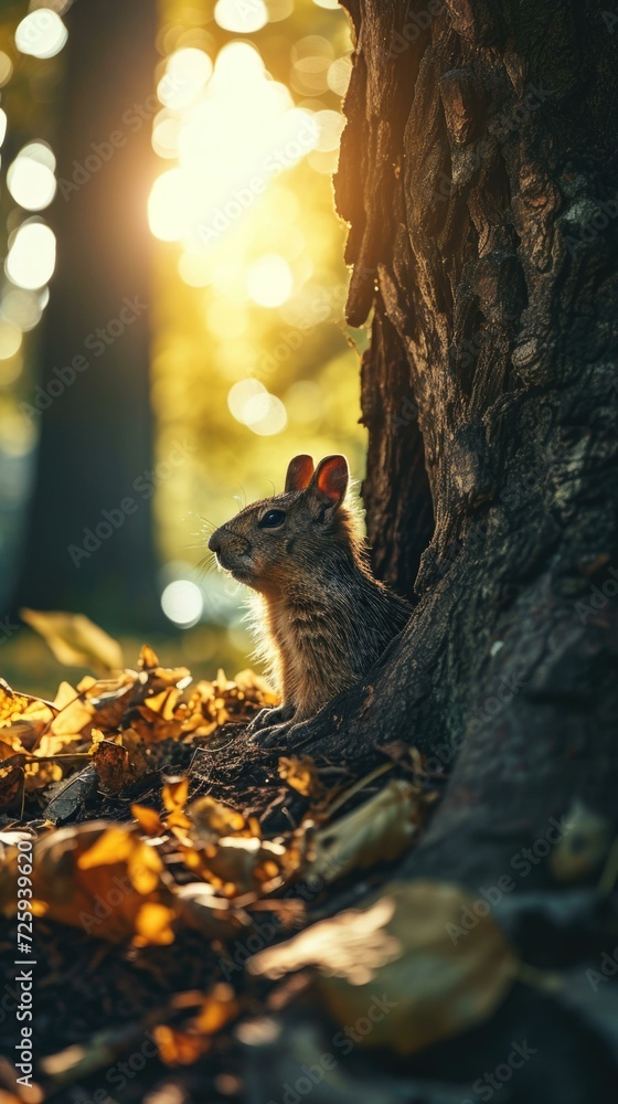 Obraz premium A curious groundhog peeks out of its burrow, basking in the warm morning sunlight. Generative AI.