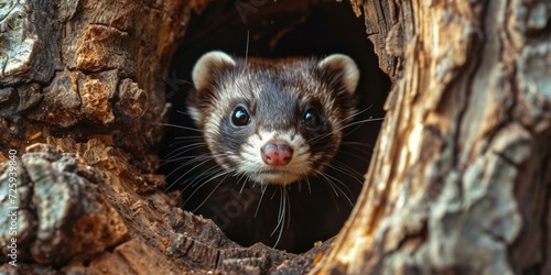 A curious ferret peers through a knot hole in a pine log, its playful gaze filled with curiosity. Generative AI.