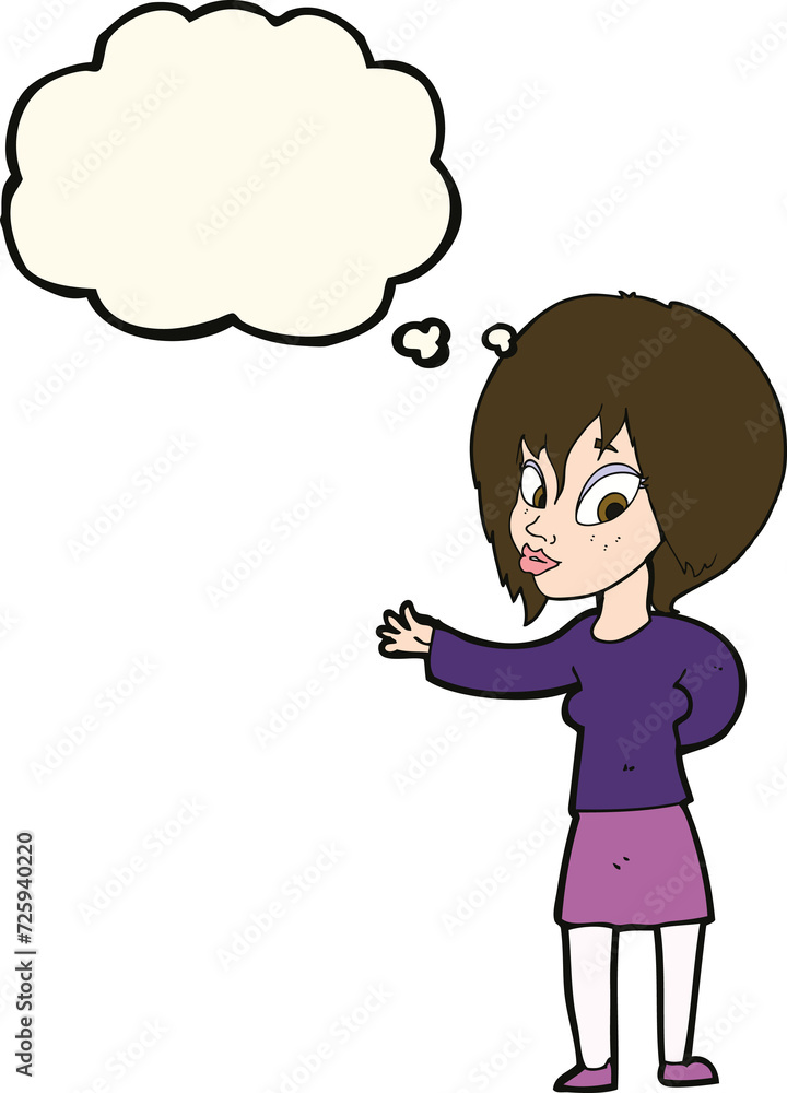 cartoon woman making welcome gesture with thought bubble cartoon woman making welcome gesture with thought bubble