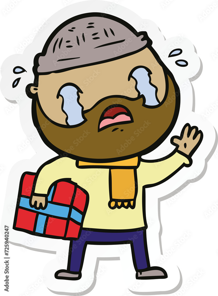 sticker of a cartoon bearded man crying with christmas present