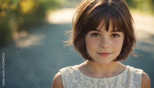 Young Brunette Girl with Bob-Cut Hair, Freckles, and Amber Eyes, Smiling at Camera in Soft Light, Wearing White Dress and Necklace