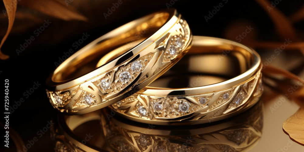 A pair of gold wedding rings with diamonds A pair of gold wedding rings with diamonds