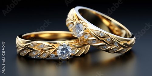 A pair of gold wedding rings with diamonds