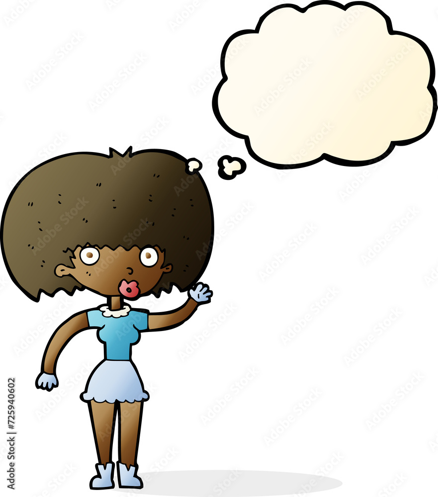 cartoon woman waving with thought bubble cartoon woman waving with thought bubble