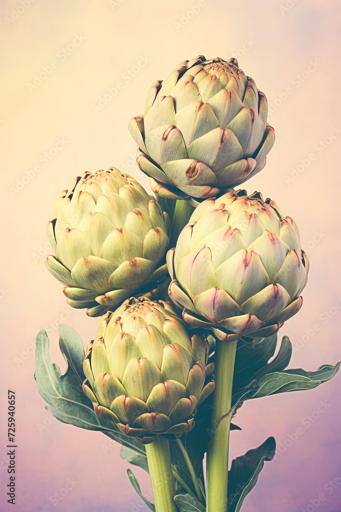 Obraz premium artichoke on the stalk on a green and purple background