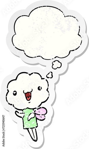cute cartoon cloud head creature and thought bubble as a distressed worn sticker