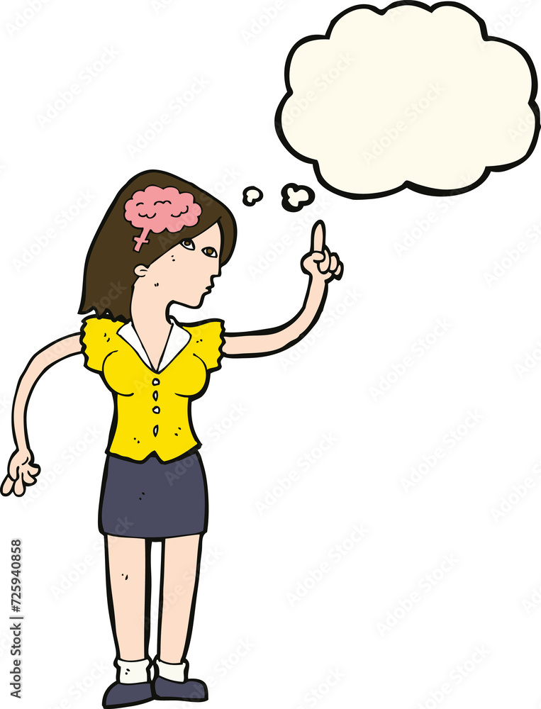 cartoon woman with clever idea with thought bubble cartoon woman with clever idea with thought bubble