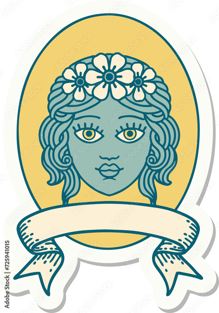 tattoo sticker with banner of a maiden with crown of flowers tattoo sticker with banner of a maiden with crown of flowers
