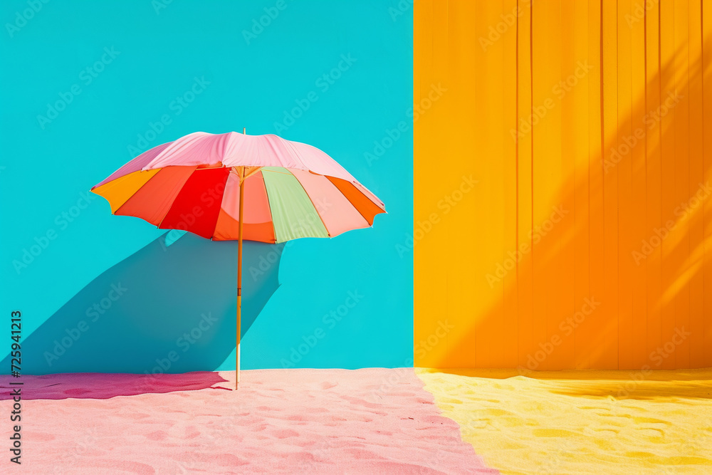 Parasol on pink and yellow sand. Pastel pink, blue and yellow background. Travel, summer and vacation concept.