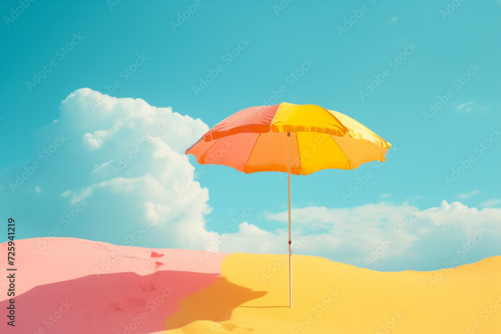 Parasol on pink and yellow sand. Pastel pink, blue and yellow background. Travel, summer and vacation concept.