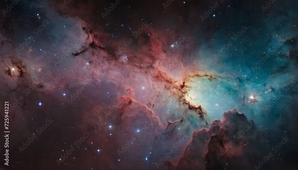 Fototapeta premium A cosmic cloud, of interstellar gas and dust, surrounded by stars and galaxies. For scientific research, educational purposes, or as material to illustrate space themes, for print, card, poster.