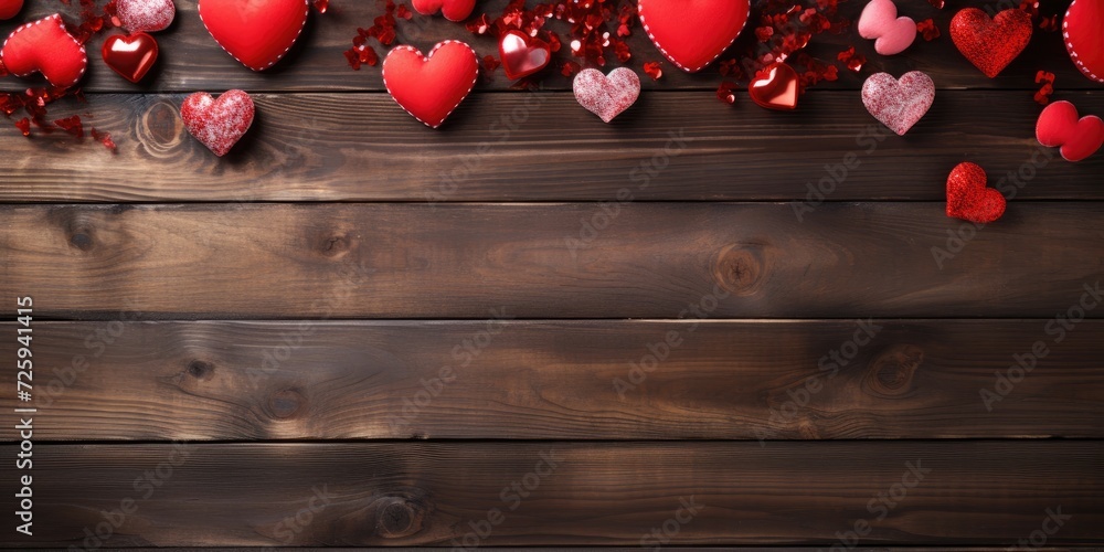 Obraz premium Small hearts on a wooden background, space for text. Valentine's day theme. Generative AI
