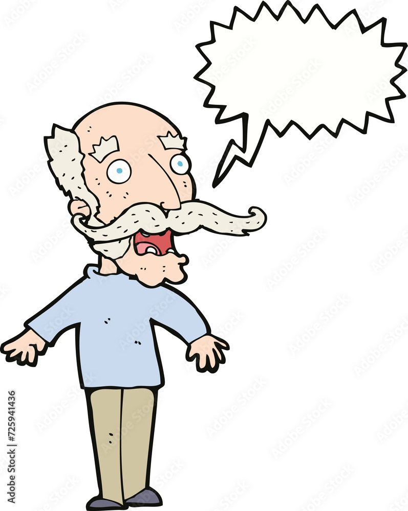 cartoon old man gasping in surprise with speech bubble