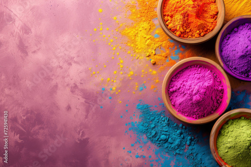 Colorful powder paints in pots at a market in India. Festival of colors in India, Holi. The arrival of spring, the victory of good over evil. Happiness.