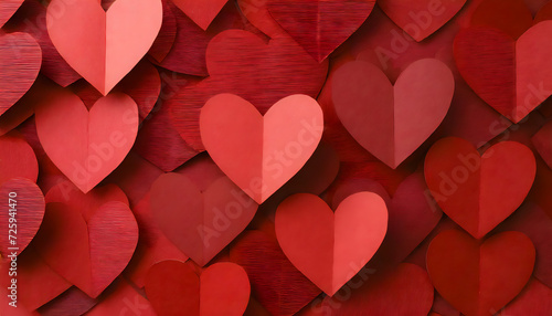 Flatlay, viele rote Herzen aus Papier als Hintergrund zum Beschriften photo