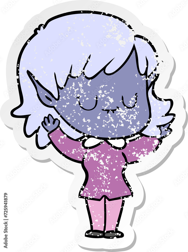 distressed sticker of a happy cartoon elf girl distressed sticker of a happy cartoon elf girl