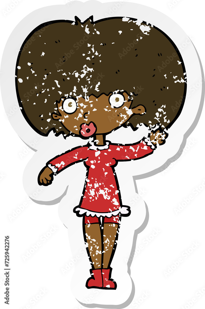 retro distressed sticker of a cartoon waving girl retro distressed sticker of a cartoon waving girl