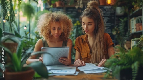 Young female students studying for an exam in an eco-friendly office environment