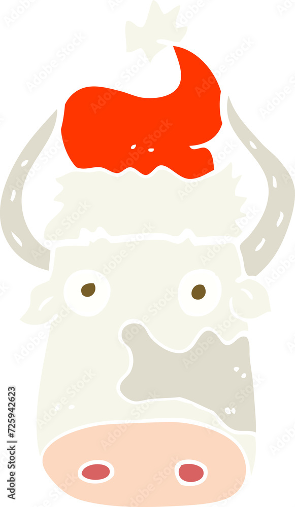 Obraz premium flat color illustration of a cartoon cow wearing christmas hat