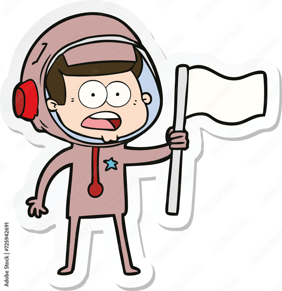 sticker of a cartoon surprised astronaut waving flag sticker of a cartoon surprised astronaut waving flag