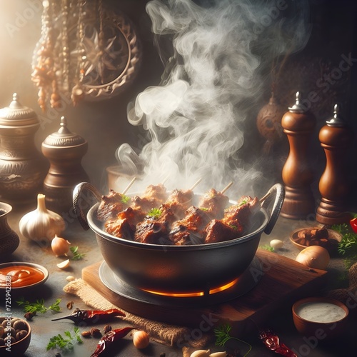 A 4K HD ad with sizzling hot desi tikka in a kitchen. The tempting steam and tasty tikka are captured in high definition for a mouthwatering experience