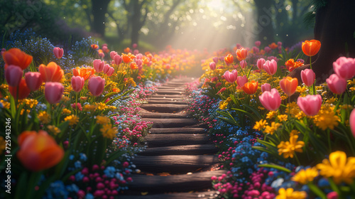 Fototapeta Naklejka Na Ścianę i Meble -  wooden path in a garden full of flowers