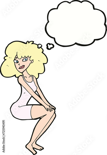 cartoon sitting woman in dress with thought bubble