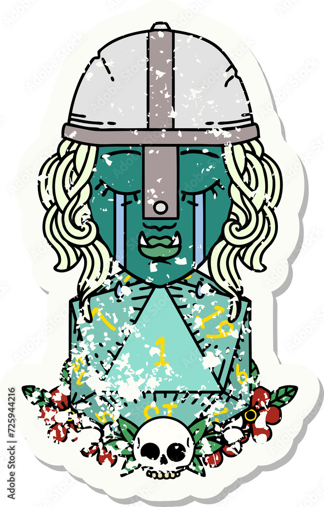 crying orc fighter character with natural one D20 roll illustration crying orc fighter character with natural one D20 roll illustration