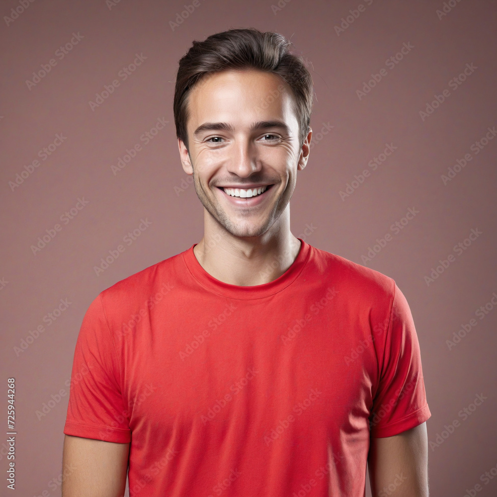 Brunet caucasian man with a red t shirt happy and cheerful smiling at the camera in a transparent background Brunet caucasian man with a red t shirt happy and cheerful smiling at the camera in a transparent background