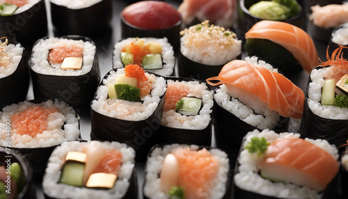Sushi. Set of sushi on a platter. Japanese food. View from above. Selective focus. AI generated