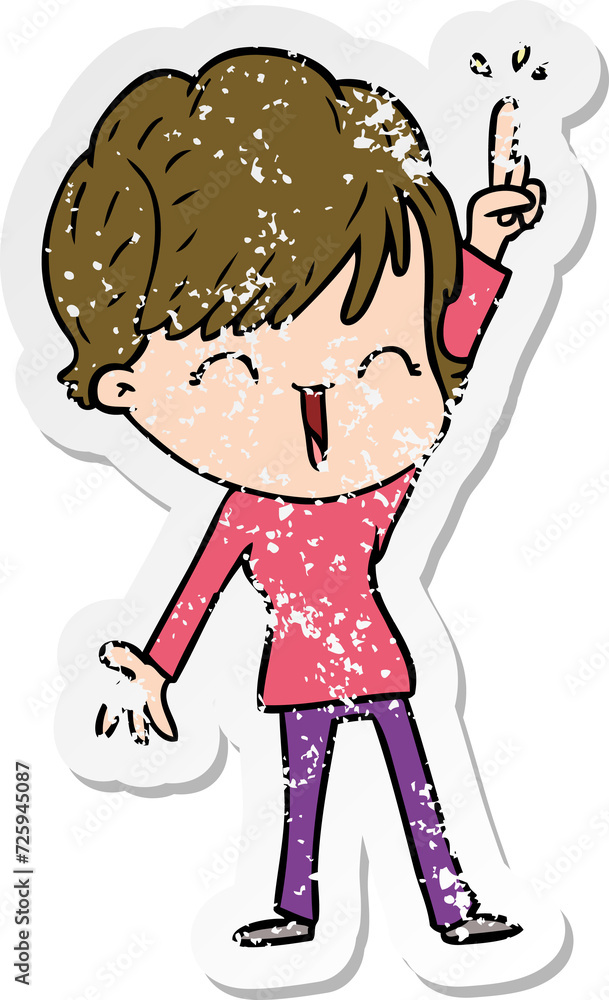 distressed sticker of a cartoon laughing woman distressed sticker of a cartoon laughing woman