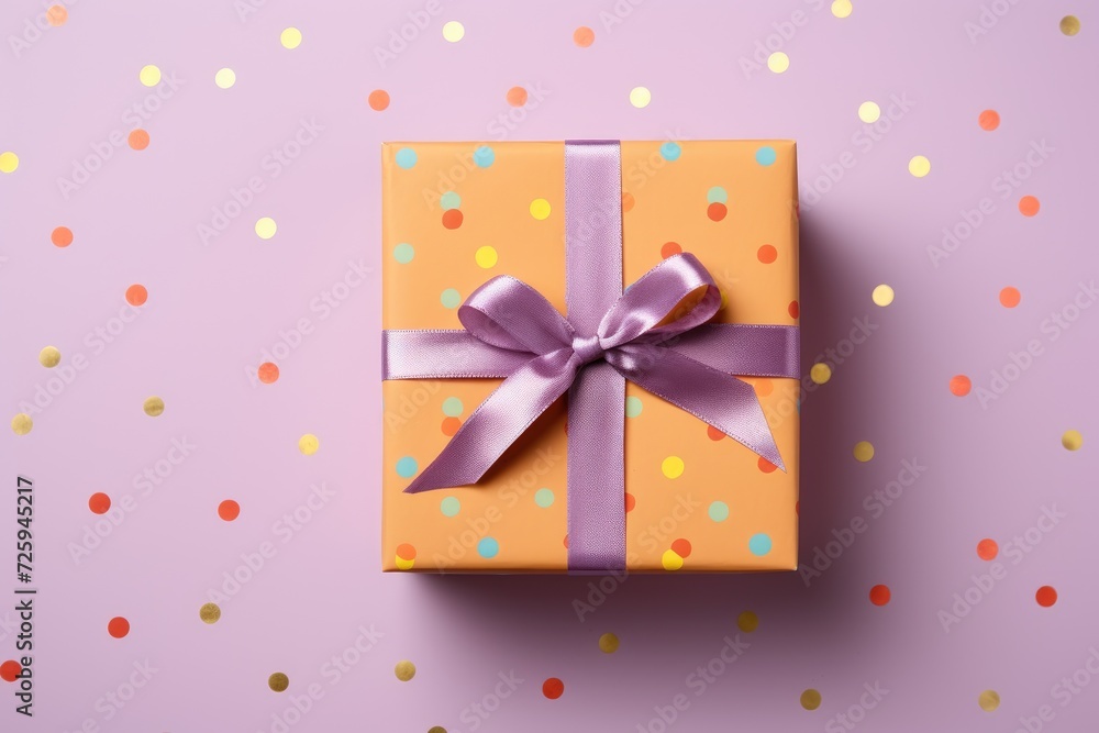 Fototapeta premium Confetti Festive Gift Package with Elegant Wrapping, Ribbon, and Bow, Perfect for Birthday Celebration or Holiday Surprise, Unveiling Joy and Happiness in Special Occasions