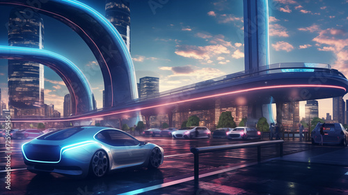 Twilight Cityscape with Futuristic Vehicles and Glowing Roads © daniil