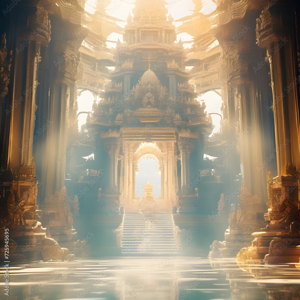Opulent acient Temple of lost Lemuria civilization bathed in golden  light. culture concept. Ai generated - obrazy, fototapety, plakaty 