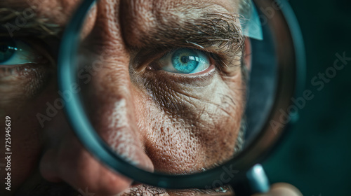 A man who looks through a magnifying glass