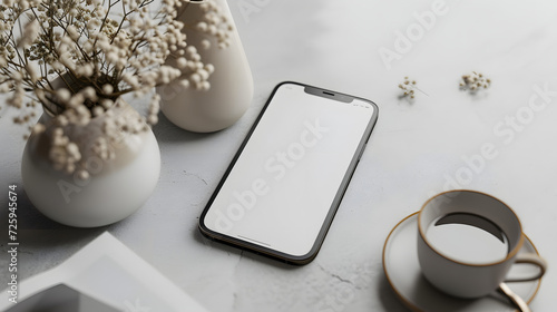 Isolated smartphone device mockup with blank empty white screen on home office studio background wallpaper, communication technology concept photo