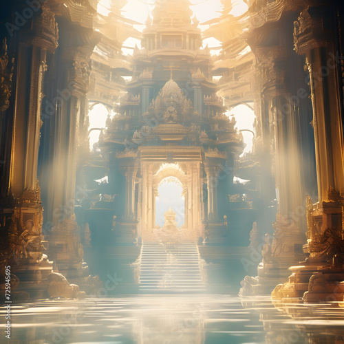 Opulent acient Temple of lost Lemuria civilization bathed in golden  light. culture concept. Ai generated photo