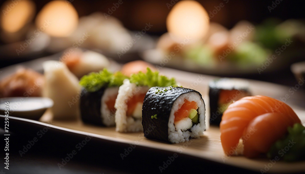 Sushi. Sushi set on a wooden surface. Japanese food. Selective focus. AI generated Sushi. Sushi set on a wooden surface. Japanese food. Selective focus. AI generated