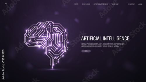 A web banner with neon brains from neural networks. A concept for artificial intelligence AI with text.