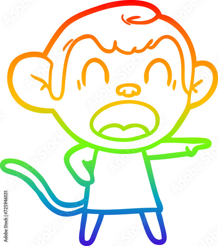 rainbow gradient line drawing shouting cartoon monkey pointing