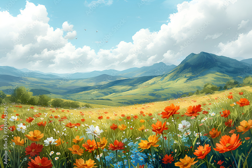 A serene meadow with a vibrant field of wildflowers and rolling hills in the distance. Created with generative AI.