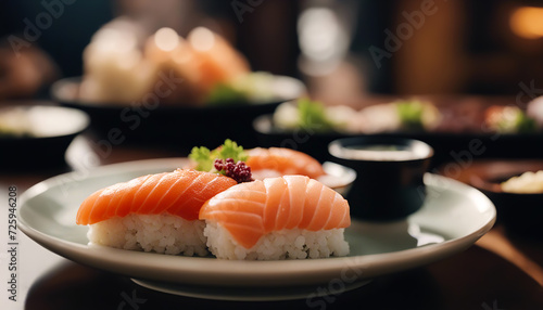 Sushi. Set of sushi on a platter. Japanese food. Seafood close-up. Selective focus. AI generated