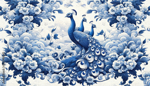 Backgrounds featuring a chinoiserie style blue and white fabric design with peacocks