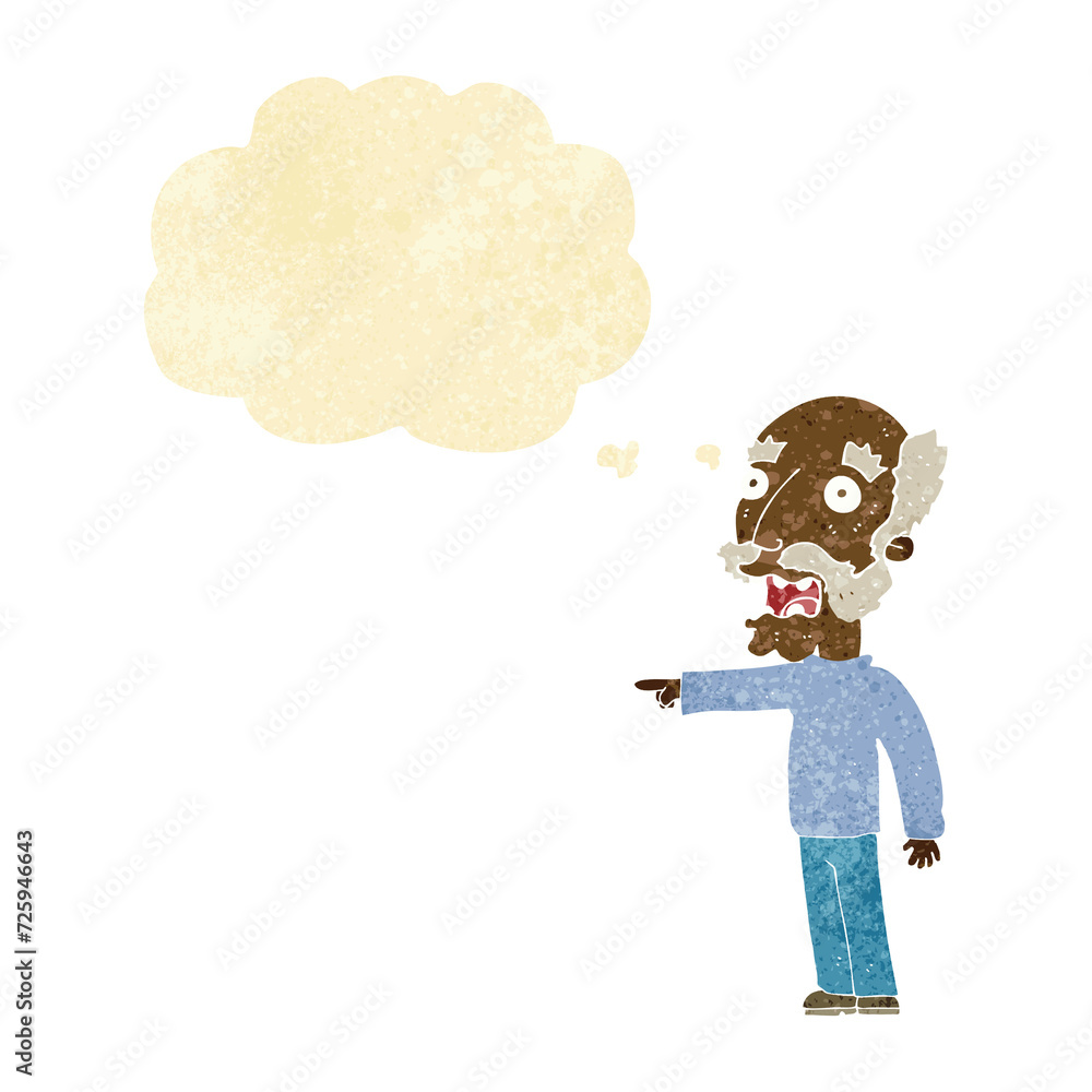 cartoon scared old man pointing with thought bubble