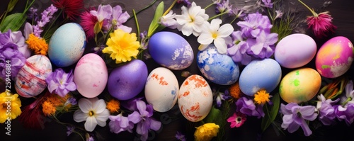 Assorted Eggs Adorned With Flowers on Table #725946884